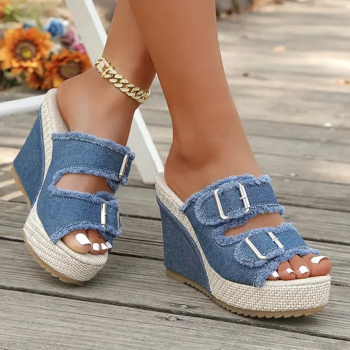 Sandales à talons compensés Elara en denim