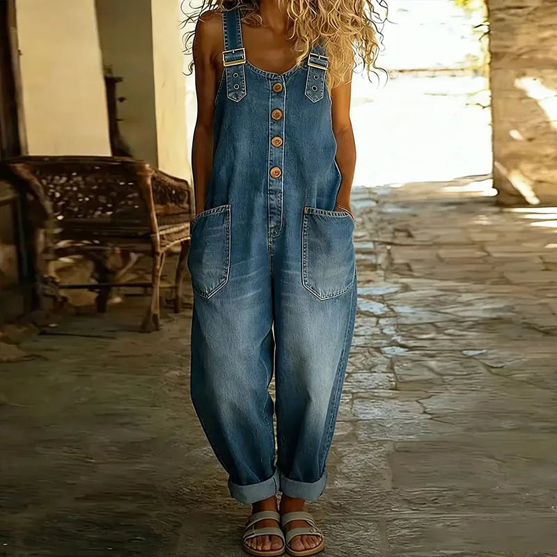 Saylor - Salopette denim bretelles ajustables Bleu - Meralie Boutique