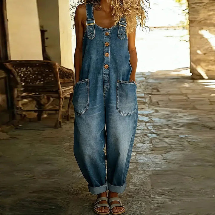 Saylor - Salopette denim bretelles ajustables Bleu - Meralie Boutique