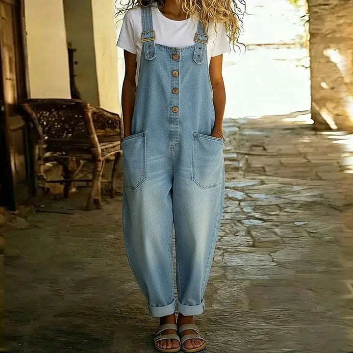 Saylor - Salopette denim bretelles ajustables Bleu Clair - Meralie Boutique