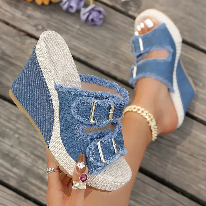 Sandales à talons compensés Elara en denim
