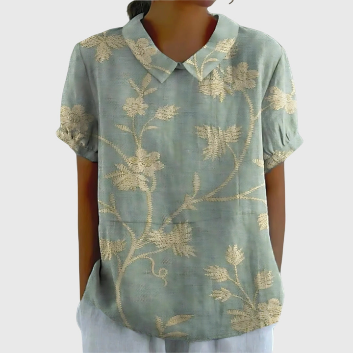 Thea | Blouse col montant à manches courtes en lin floral pour femmes