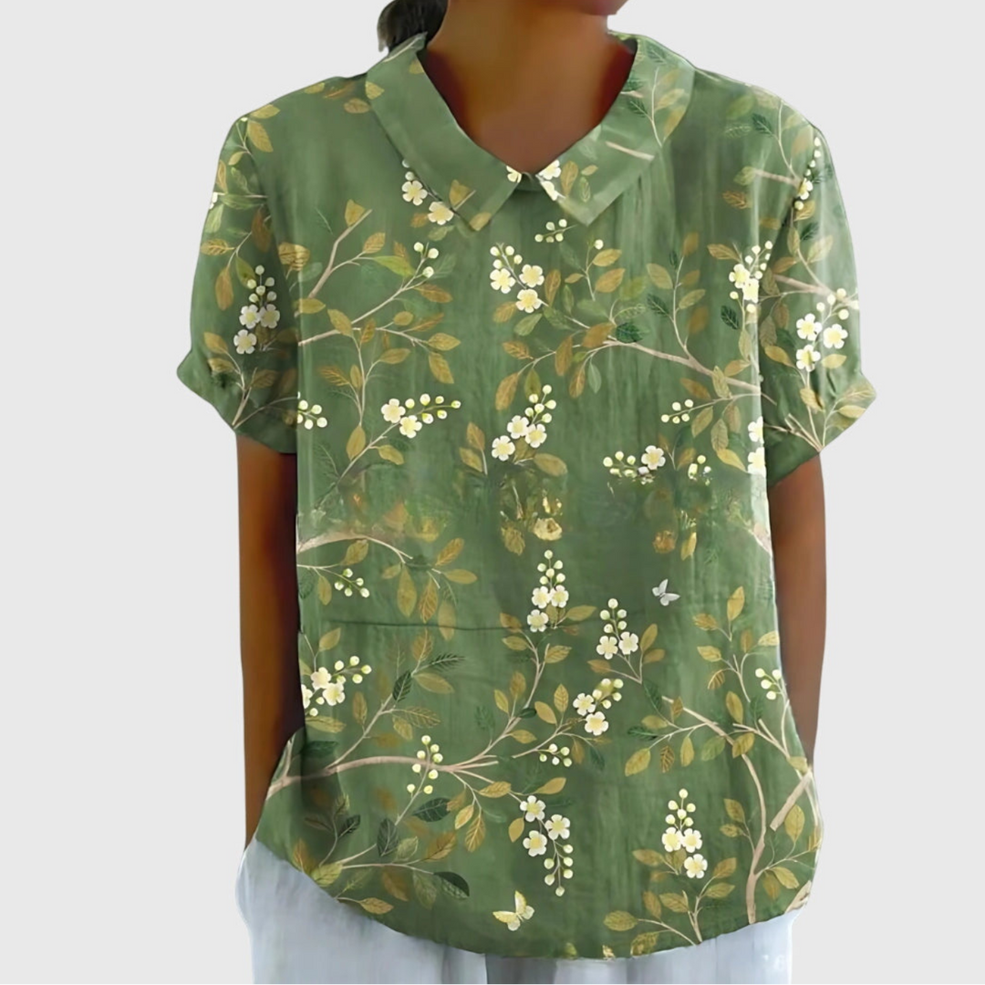 Thea | Blouse col montant à manches courtes en lin floral pour femmes