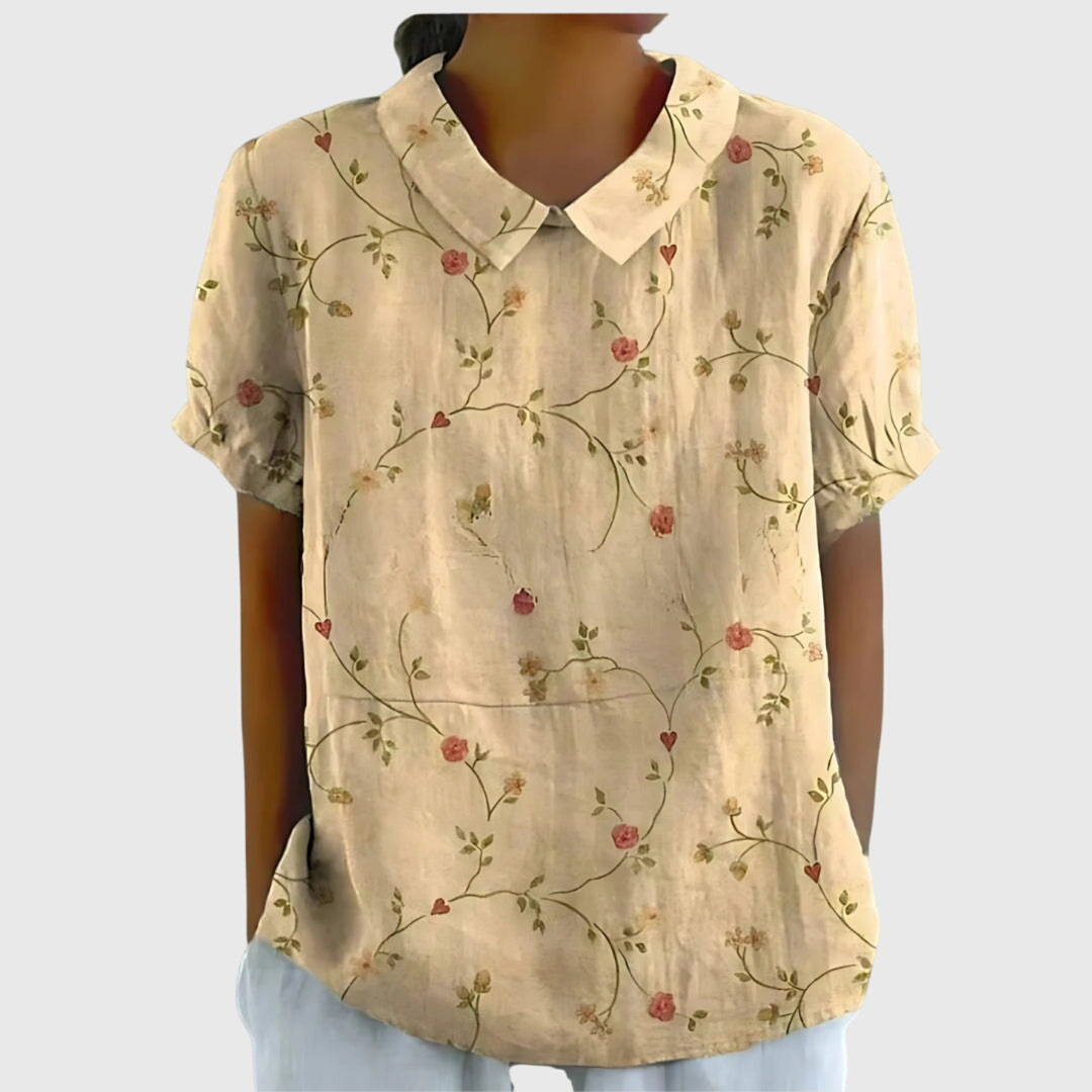 Thea | Blouse col montant à manches courtes en lin floral pour femmes