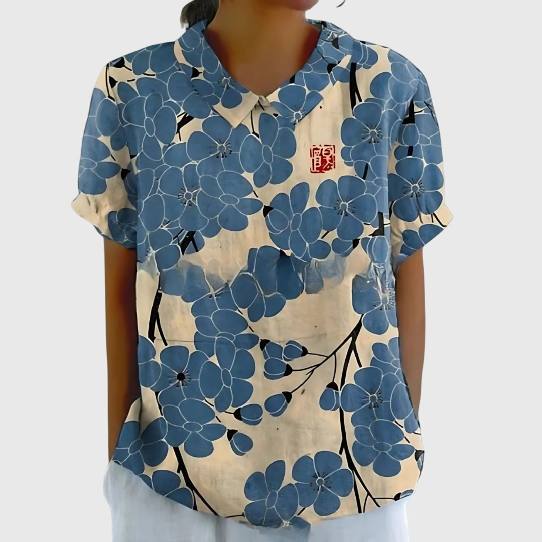Thea | Blouse col montant à manches courtes en lin floral pour femmes