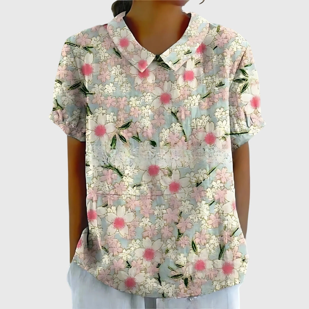 Thea | Blouse col montant à manches courtes en lin floral pour femmes