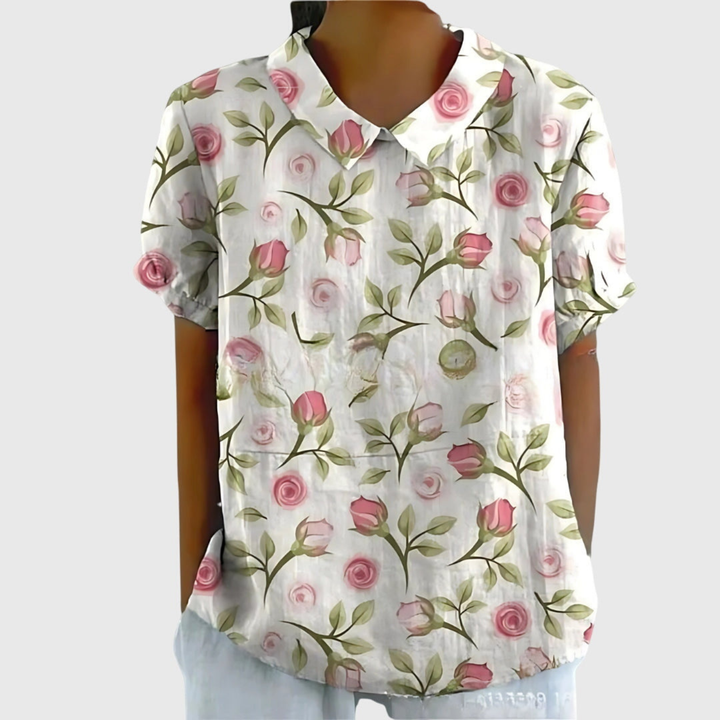Thea | Blouse col montant à manches courtes en lin floral pour femmes