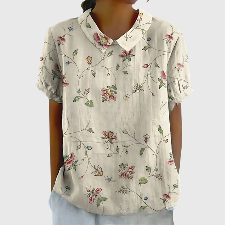 Thea | Blouse col montant à manches courtes en lin floral pour femmes
