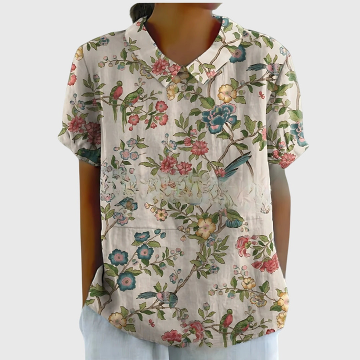 Thea | Blouse col montant à manches courtes en lin floral pour femmes