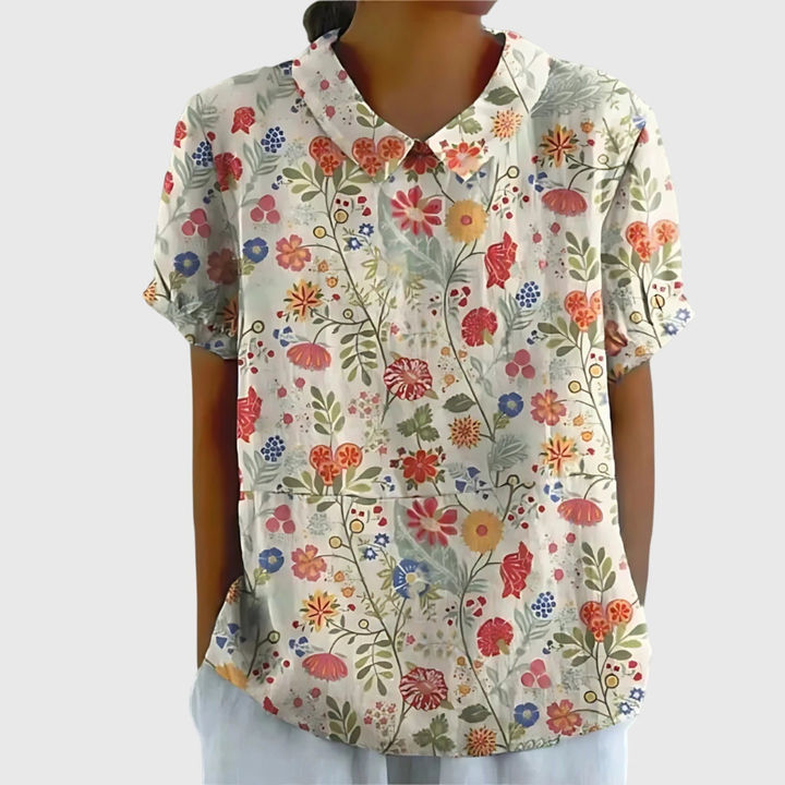Thea | Blouse col montant à manches courtes en lin floral pour femmes