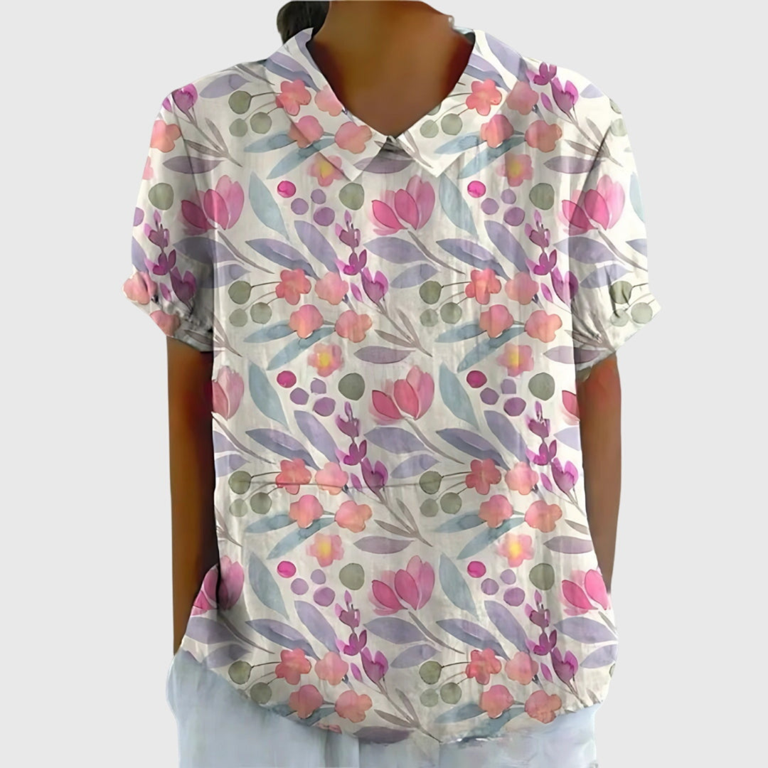 Thea | Blouse col montant à manches courtes en lin floral pour femmes