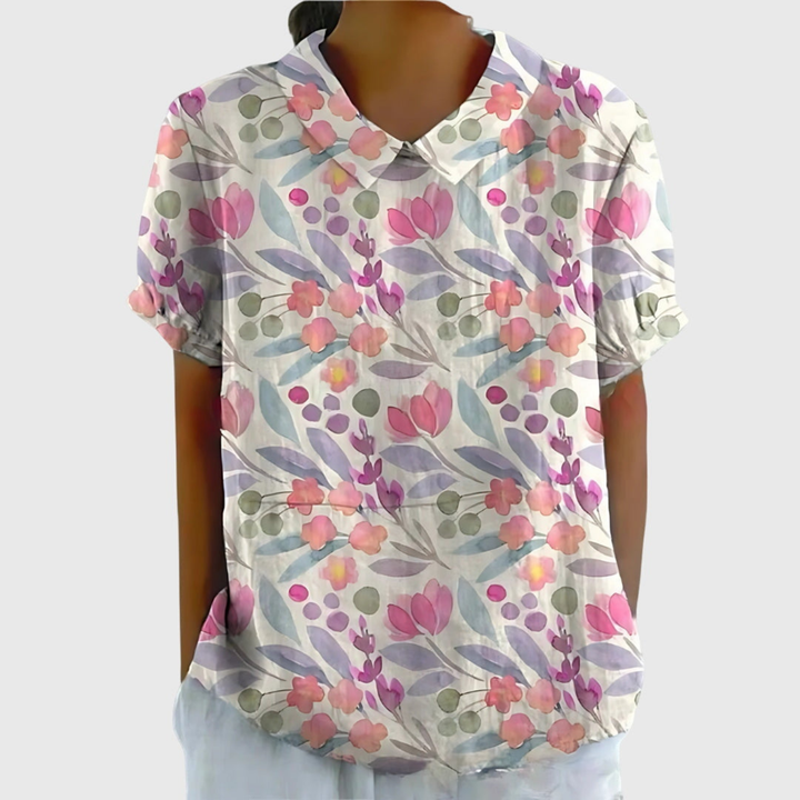 Thea | Blouse col montant à manches courtes en lin floral pour femmes