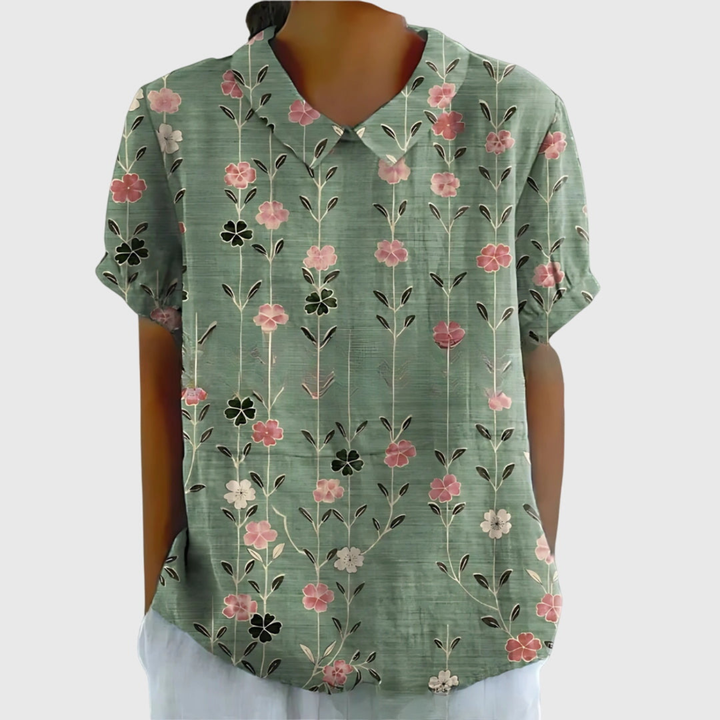 Thea | Blouse col montant à manches courtes en lin floral pour femmes
