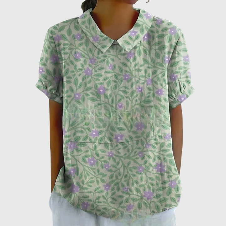 Thea | Blouse col montant à manches courtes en lin floral pour femmes