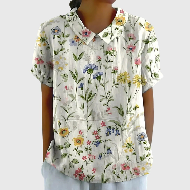 Thea | Blouse col montant à manches courtes en lin floral pour femmes