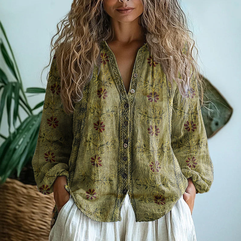 Brianna - Gilet imprimé feuillage vintage Vert - Meralie Boutique