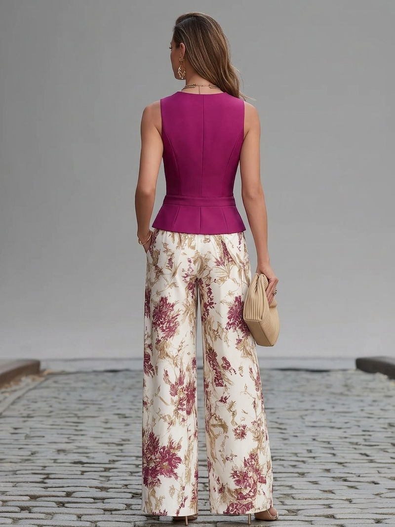 ROSE | ENSEMBLE DEUX-PIÈCES À JAMBES LARGES FLEURI