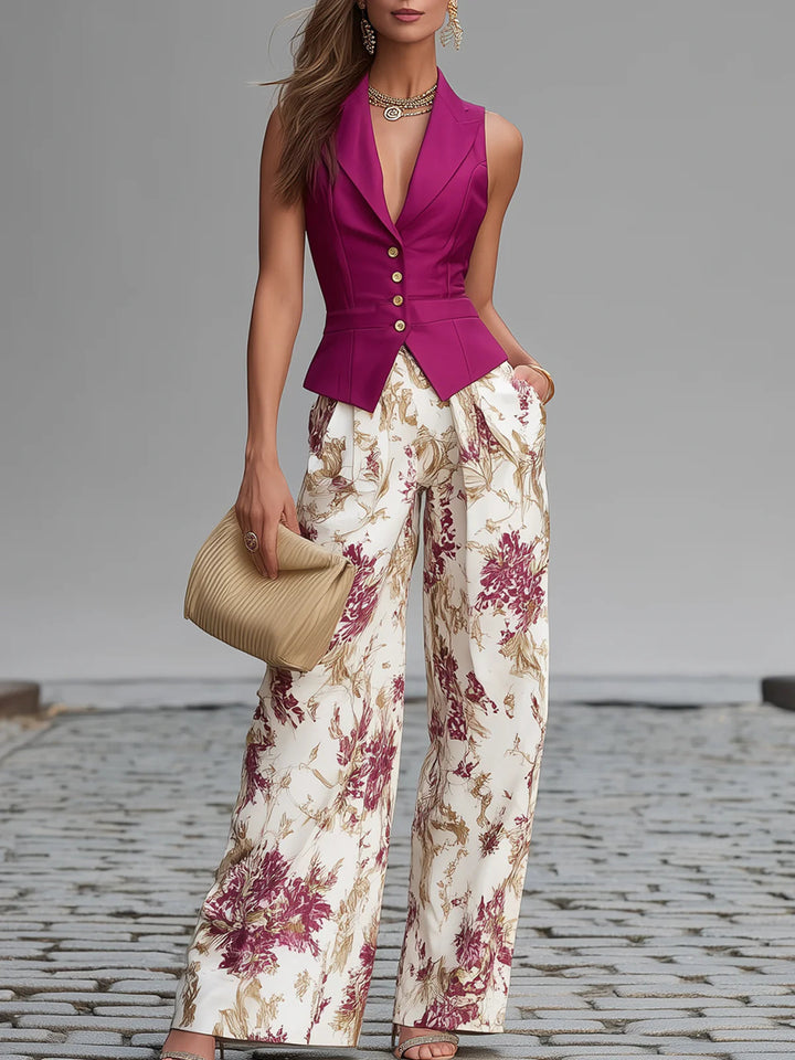 ROSE | ENSEMBLE DEUX-PIÈCES À JAMBES LARGES FLEURI