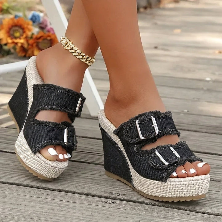 Sandales à talons compensés Elara en denim