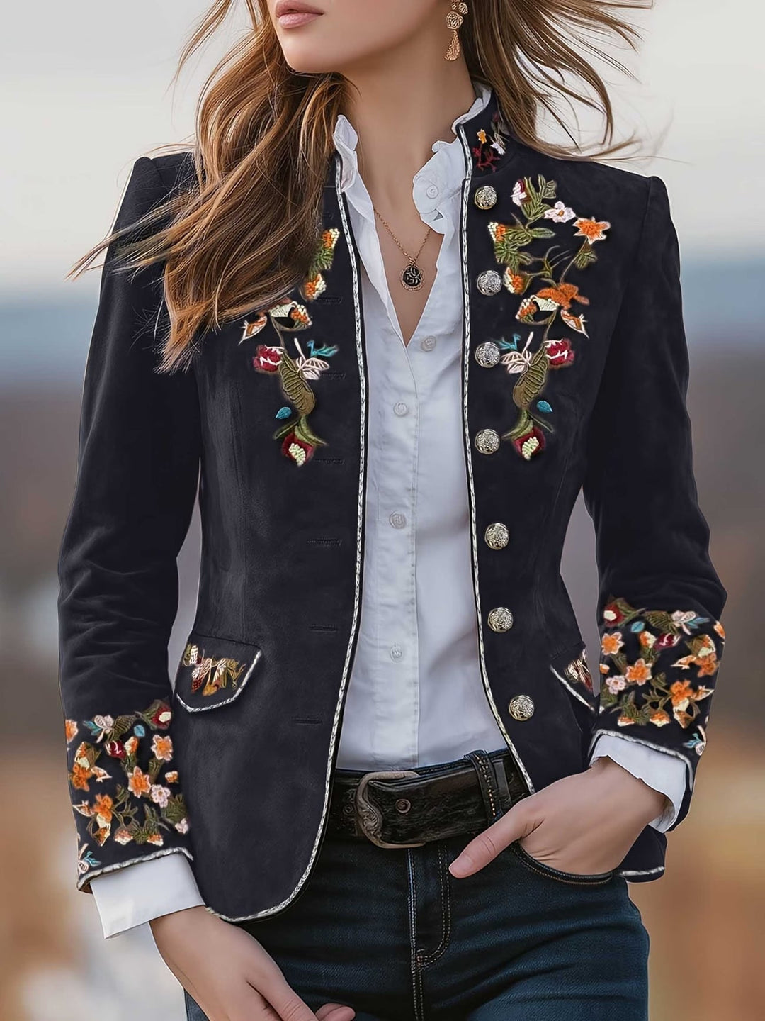 Anisaa - Veste col montant brodee Noir - Meralie Boutique