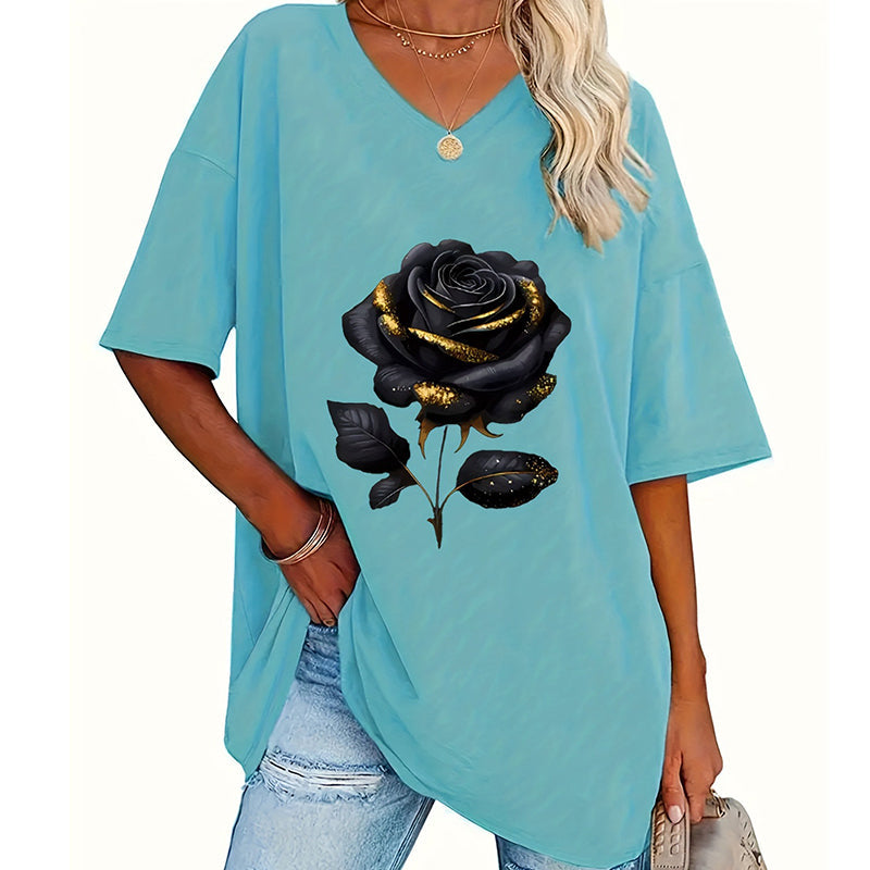 T-shirt col V imprimé rose Bleu