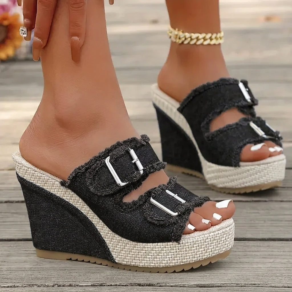 Sandales à talons compensés Elara en denim