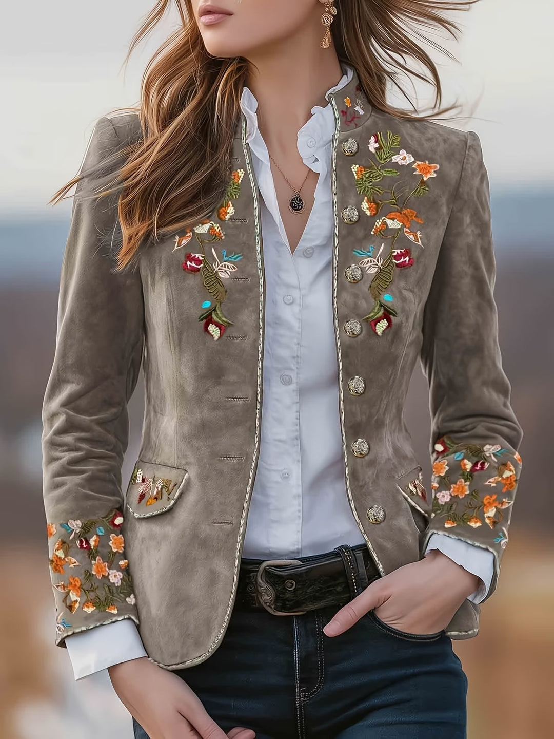 Anisaa - Veste col montant brodee Gris - Meralie Boutique