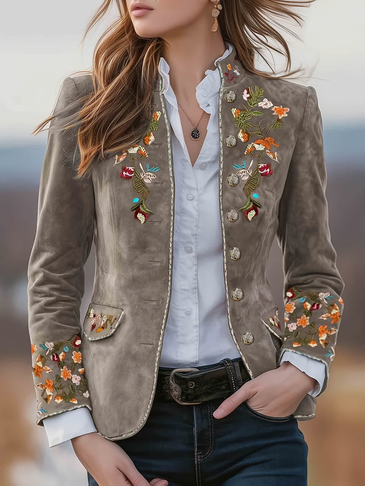Anisaa - Veste col montant brodee Gris - Meralie Boutique