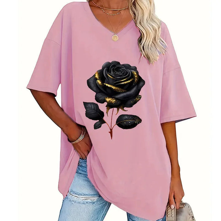 T-shirt col V imprimé rose Rose