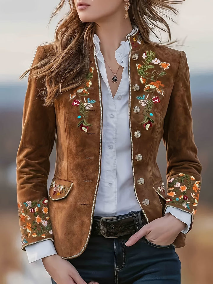 Anisaa - Veste col montant brodee Marron - Meralie Boutique