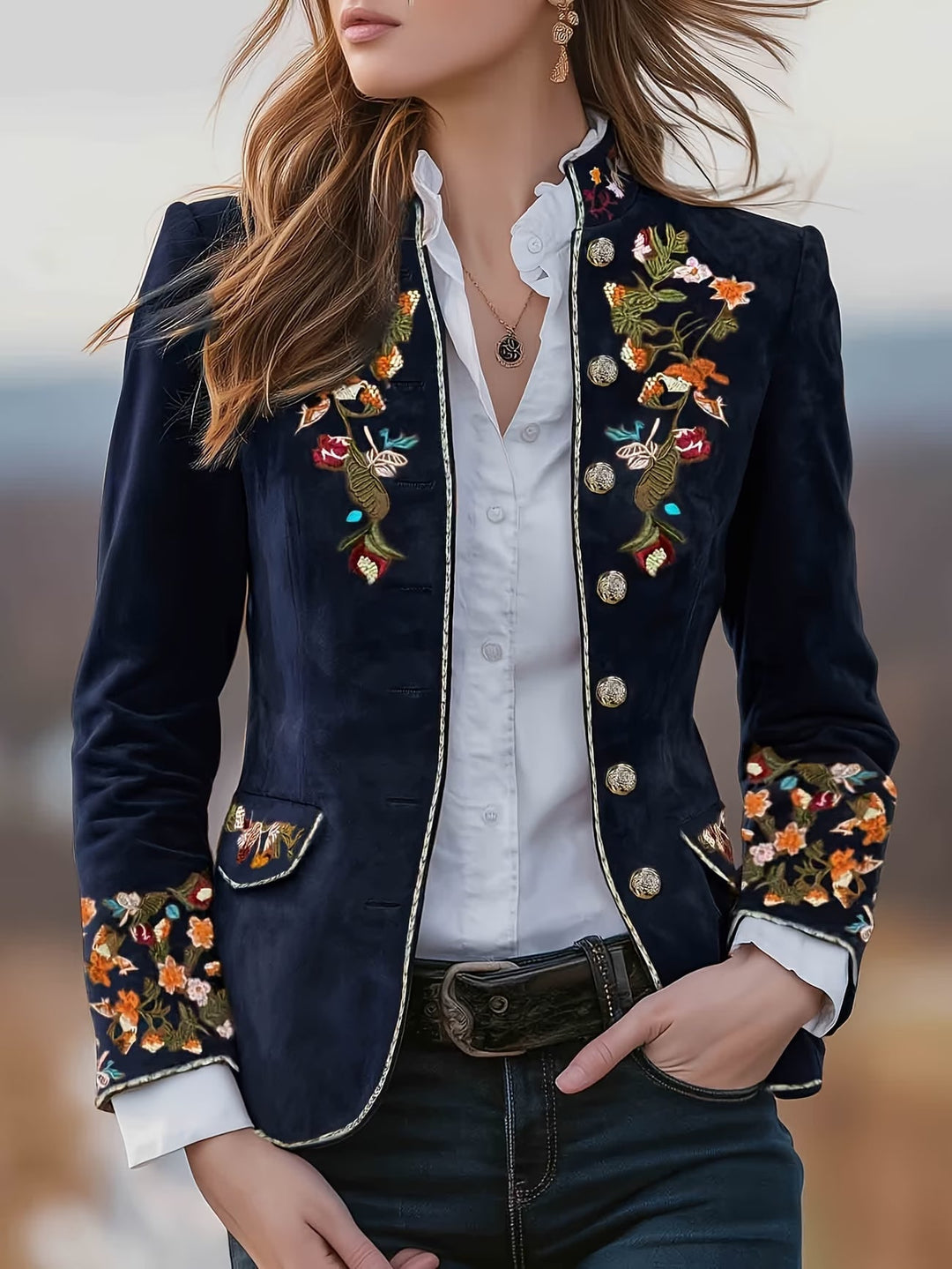 Anisaa - Veste col montant brodee Bleu Marine - Meralie Boutique