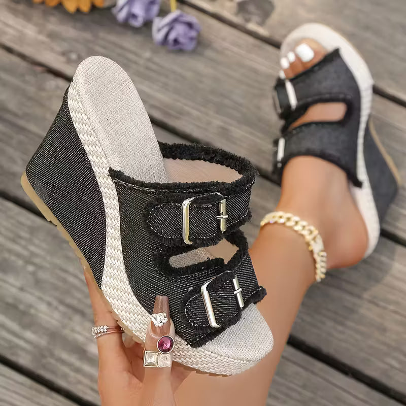 Sandales à talons compensés Elara en denim