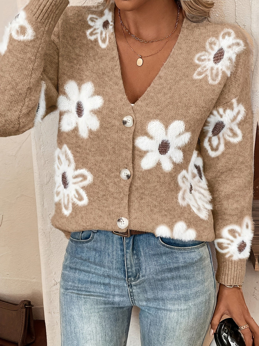 Emma - Gilet motif floral jacquard Bleu Clair - Meralie Boutique