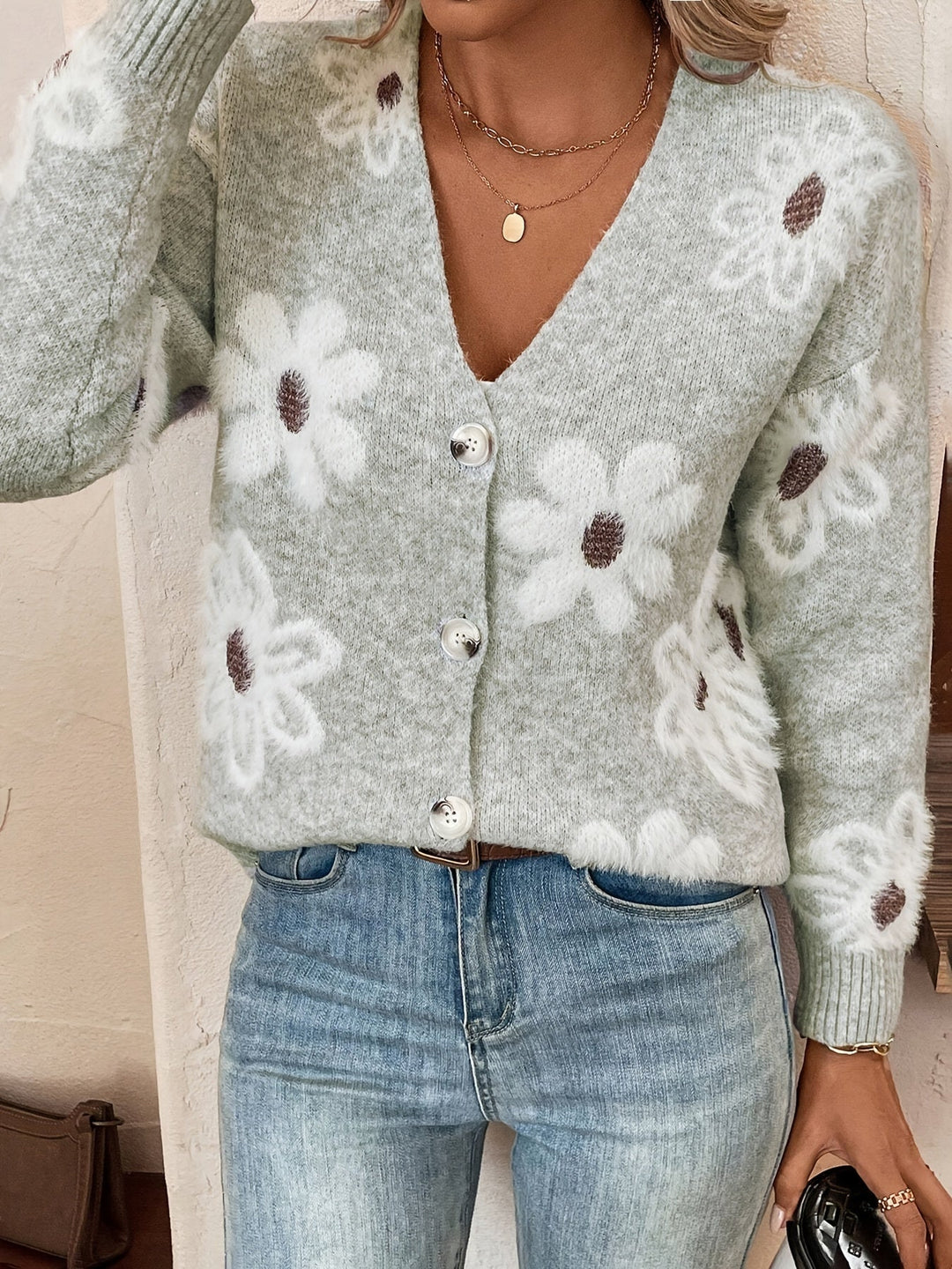 Emma - Gilet motif floral jacquard Bleu Clair - Meralie Boutique