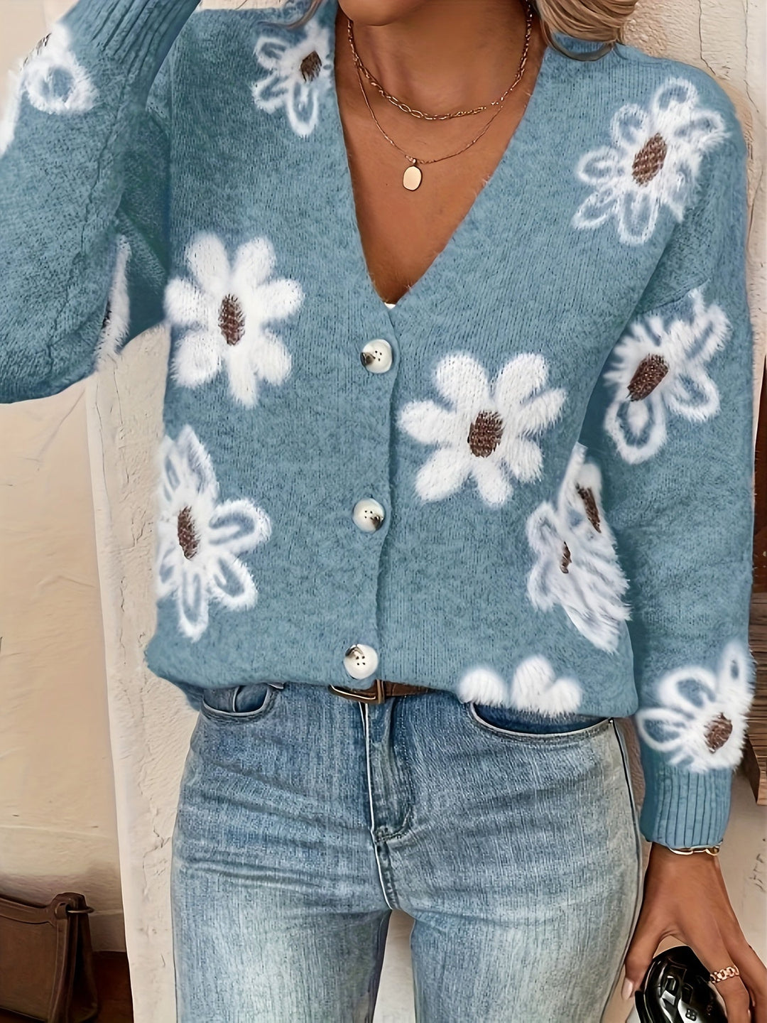 Emma - Gilet motif floral jacquard Bleu Clair - Meralie Boutique