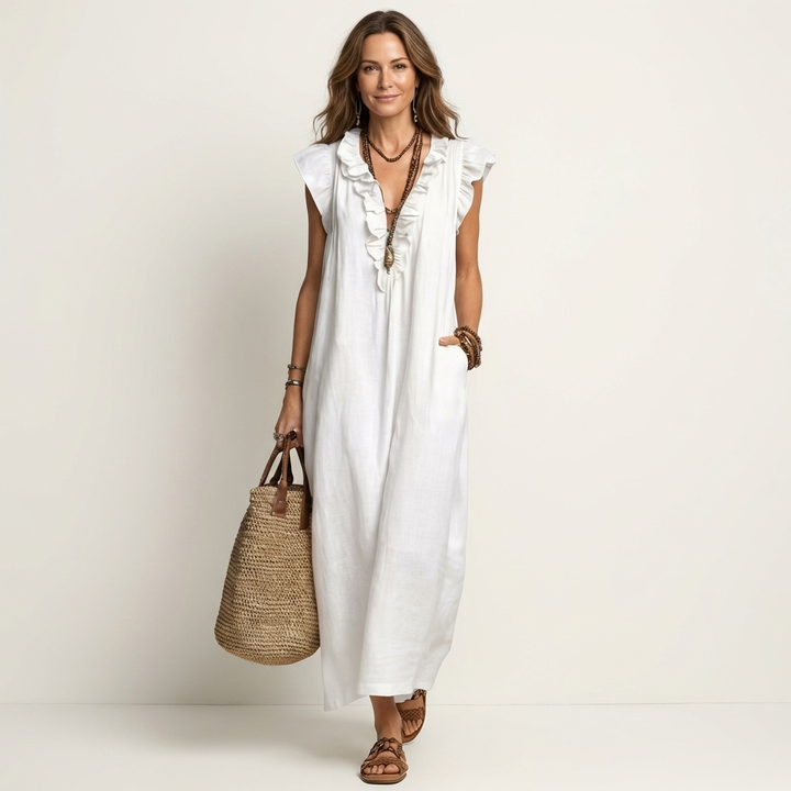 Josette | Robe Maxi en Lin à Volants et Décolleté en V