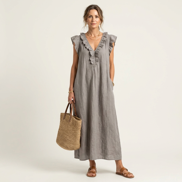 Josette | Robe Maxi en Lin à Volants et Décolleté en V