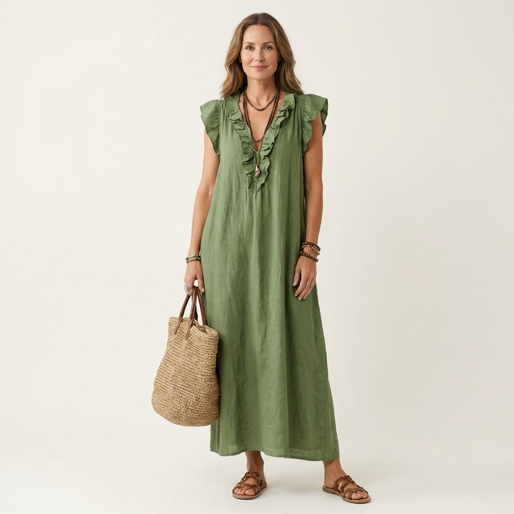 Josette | Robe Maxi en Lin à Volants et Décolleté en V