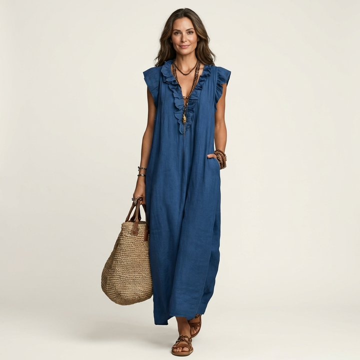 Josette | Robe Maxi en Lin à Volants et Décolleté en V