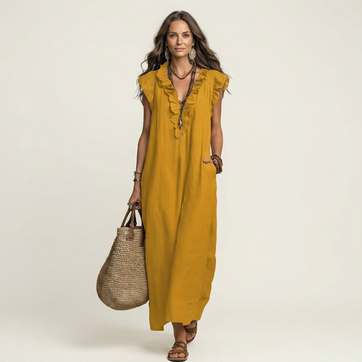 Josette | Robe Maxi en Lin à Volants et Décolleté en V