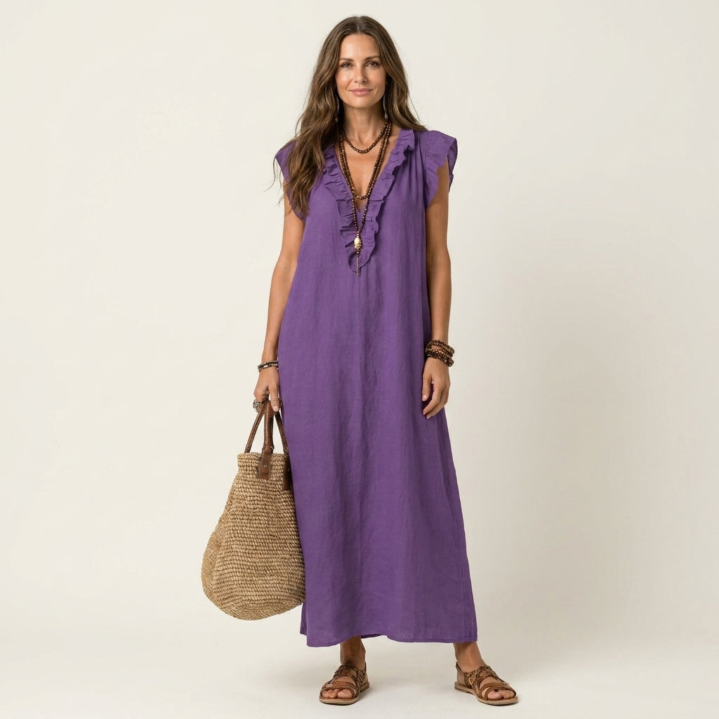 Josette | Robe Maxi en Lin à Volants et Décolleté en V