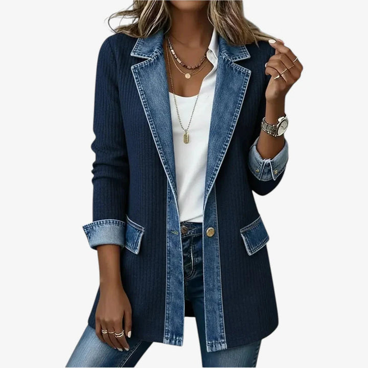 Sylvie - Veste tricot cotele denim Bleu - Meralie Boutique
