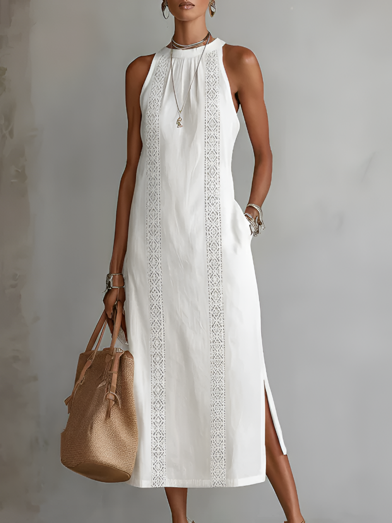 Robe midi en coton et lin à col mao