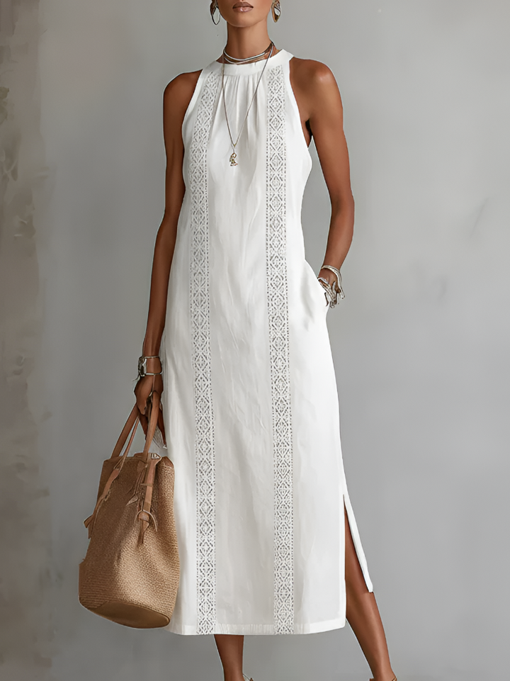 Robe midi en coton et lin à col mao