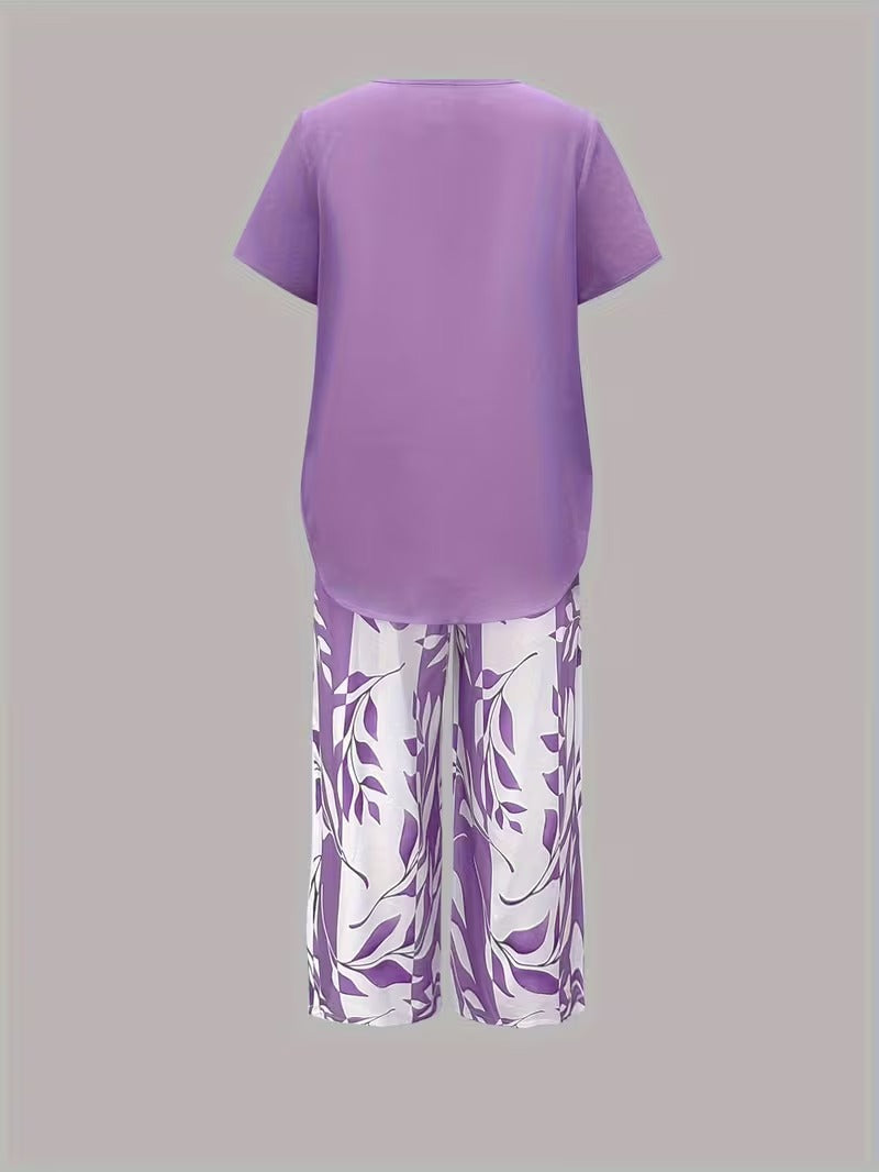Elmyra™ | Ensemble Deux Pièces Imprimé Feuilles Décontracté