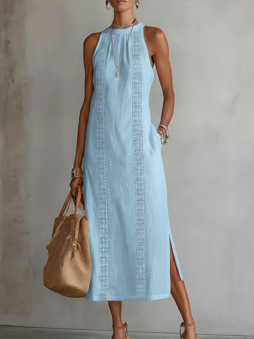 Robe midi en coton et lin à col mao