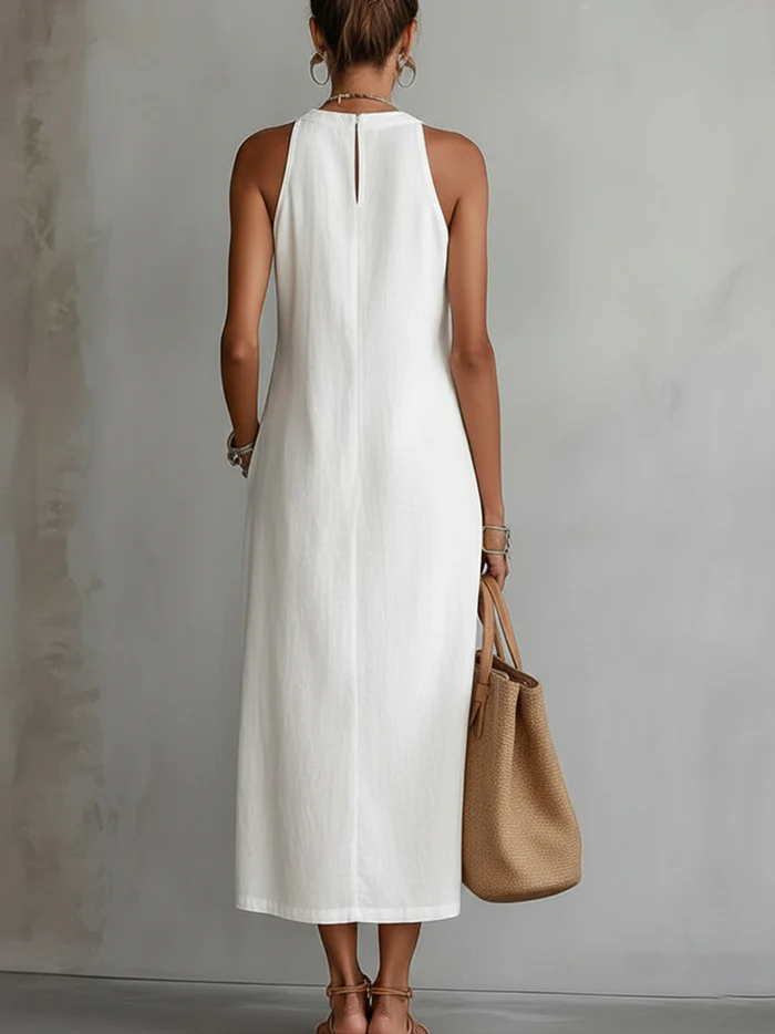 Robe midi en coton et lin à col mao