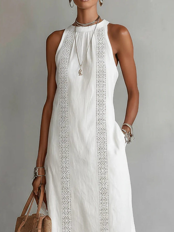 Robe midi en coton et lin à col mao
