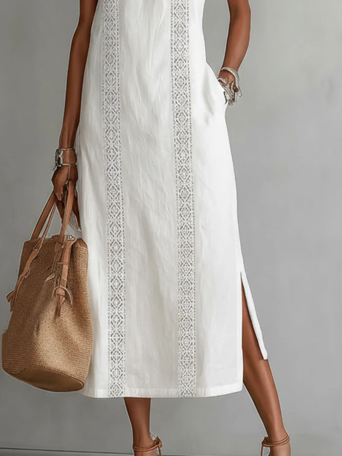 Robe midi en coton et lin à col mao