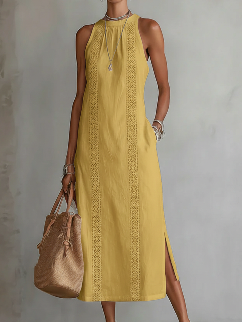 Robe midi en coton et lin à col mao